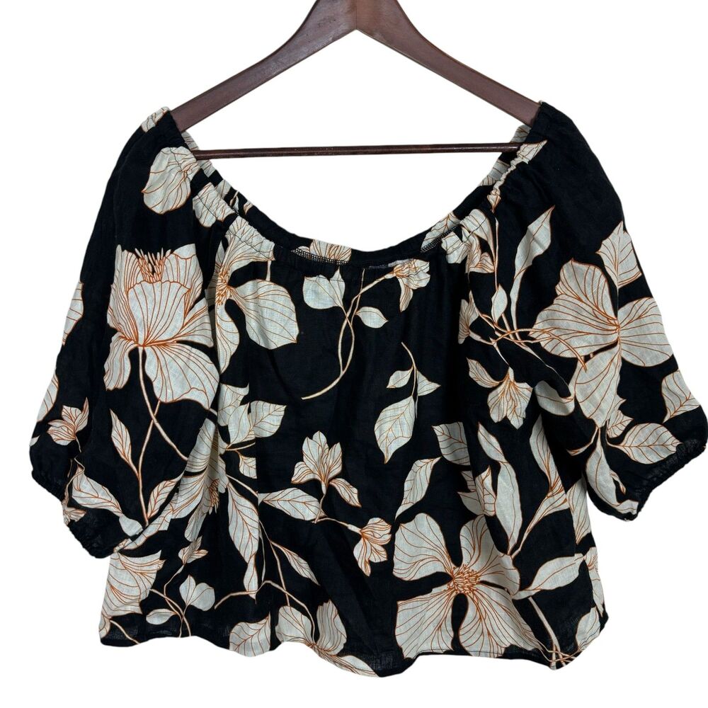 Cynthia Rowley Linen Black Floral Off The Shoulder Top Women's Large